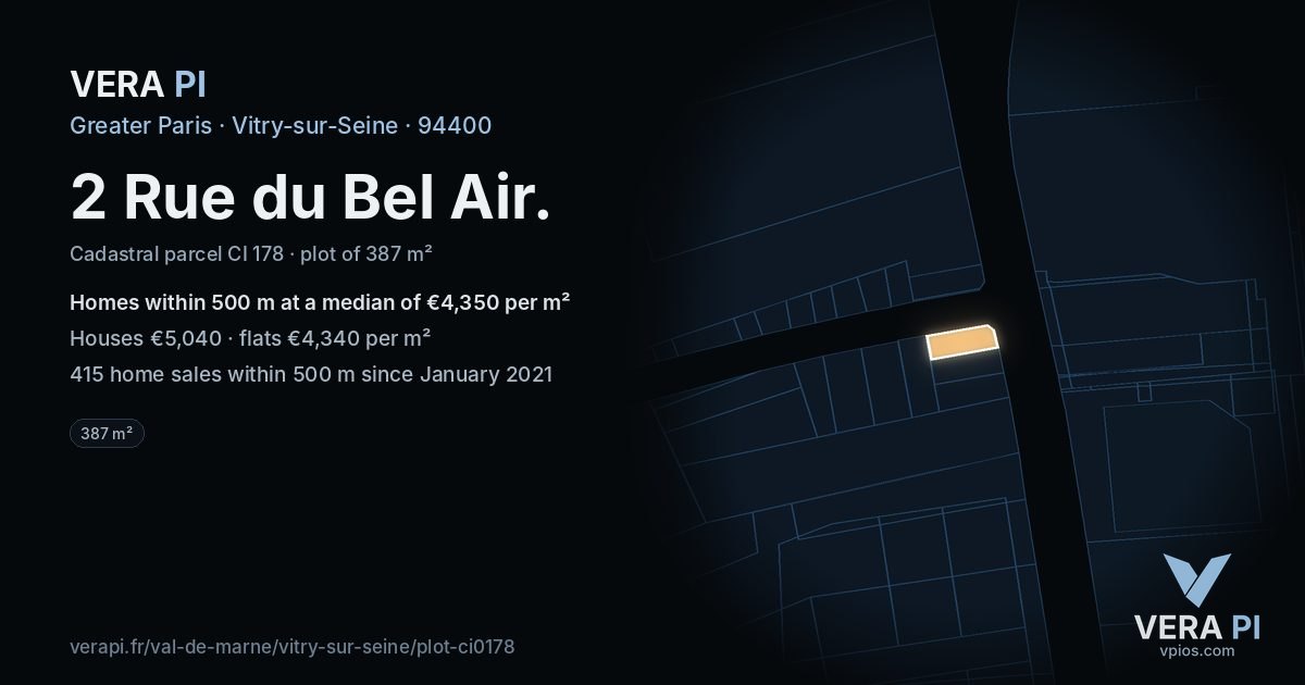 2 Rue du Bel Air, Vitry-sur-Seine at night – the plot lit, the parcels around coloured by the prices near them