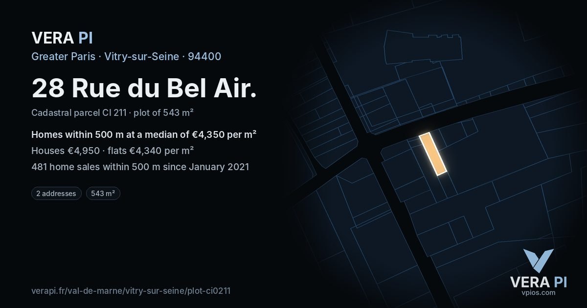 28 Rue du Bel Air, Vitry-sur-Seine at night – the plot lit, the parcels around coloured by the prices near them