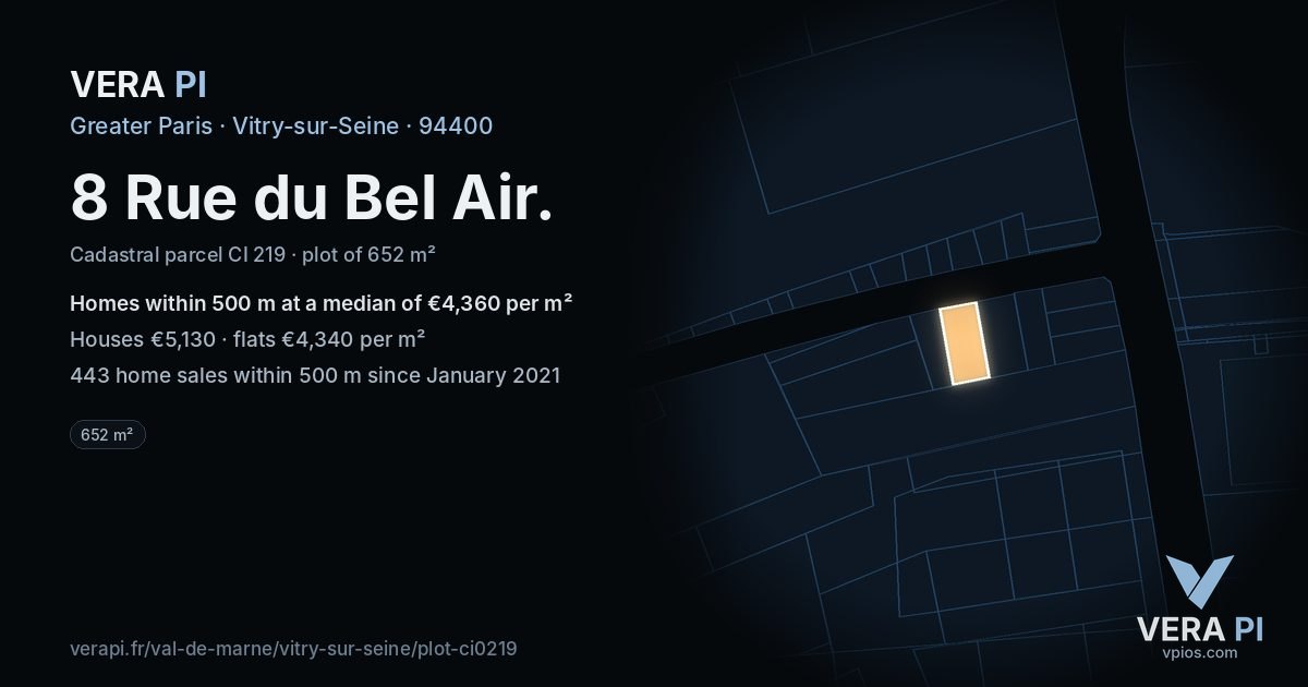 8 Rue du Bel Air, Vitry-sur-Seine at night – the plot lit, the parcels around coloured by the prices near them