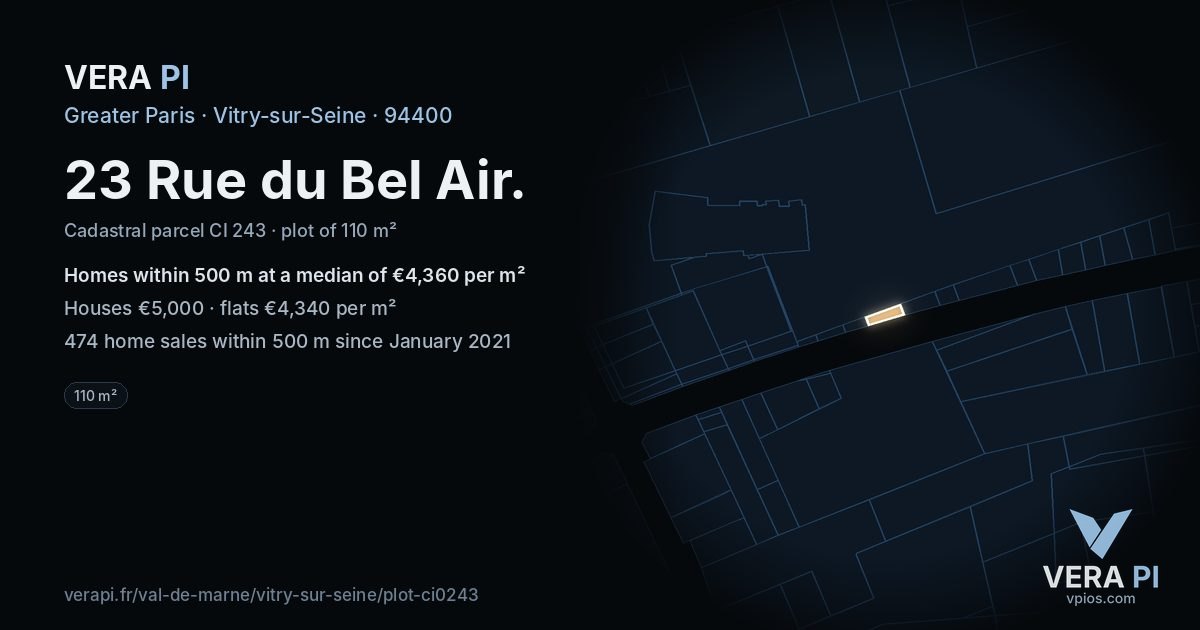 23 Rue du Bel Air, Vitry-sur-Seine at night – the plot lit, the parcels around coloured by the prices near them