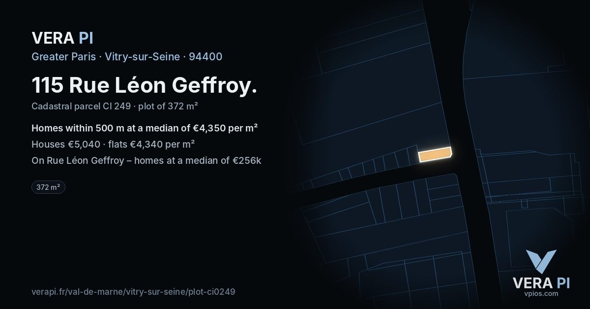 115 Rue Léon Geffroy, Vitry-sur-Seine at night – the plot lit, the parcels around coloured by the prices near them