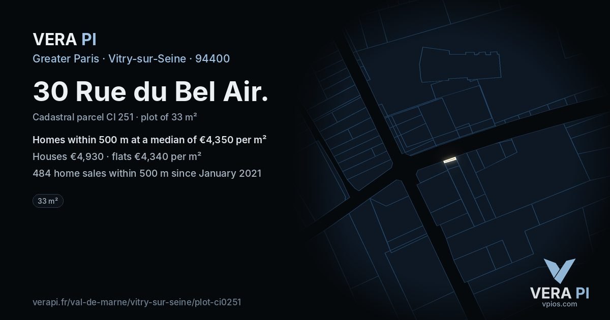30 Rue du Bel Air, Vitry-sur-Seine at night – the plot lit, the parcels around coloured by the prices near them