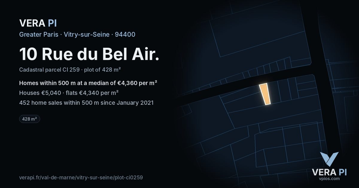 10 Rue du Bel Air, Vitry-sur-Seine at night – the plot lit, the parcels around coloured by the prices near them