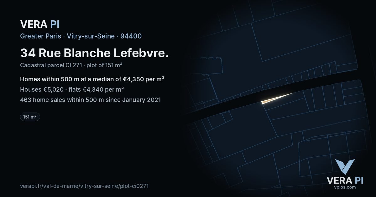 34 Rue Blanche Lefebvre, Vitry-sur-Seine at night – the plot lit, the parcels around coloured by the prices near them