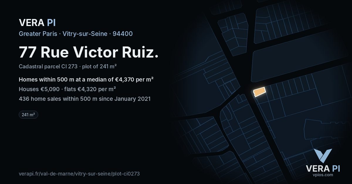 77 Rue Victor Ruiz, Vitry-sur-Seine at night – the plot lit, the parcels around coloured by the prices near them
