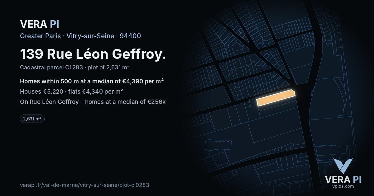 139 Rue Léon Geffroy, Vitry-sur-Seine at night – the plot lit, the parcels around coloured by the prices near them