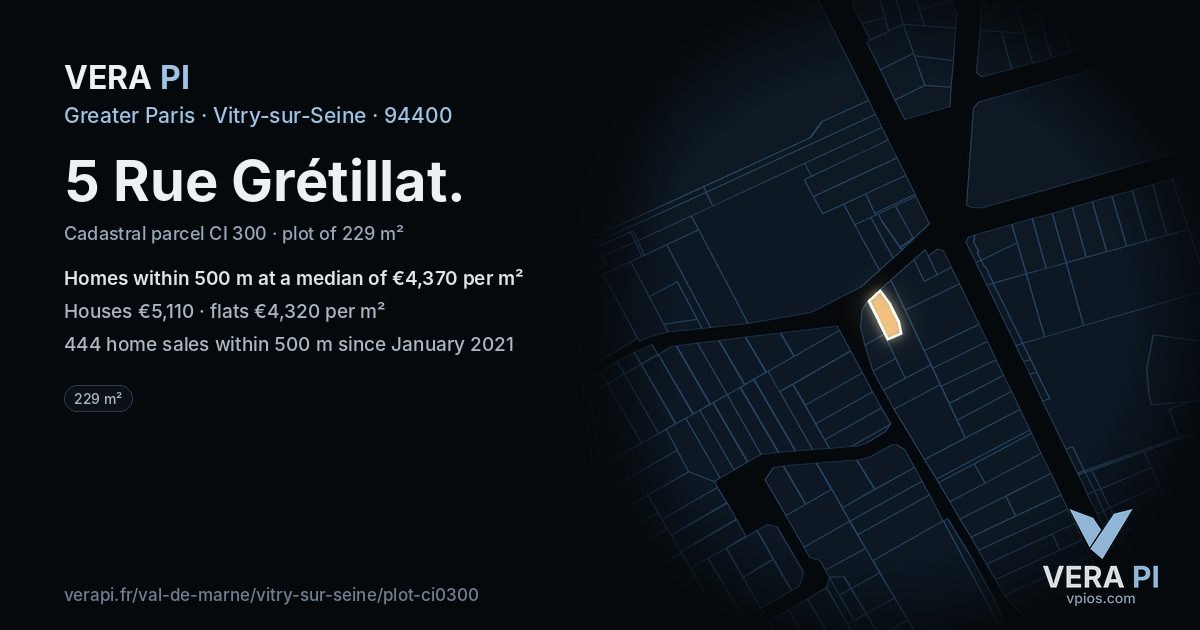 5 Rue Grétillat, Vitry-sur-Seine at night – the plot lit, the parcels around coloured by the prices near them