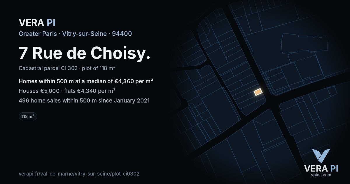 7 Rue de Choisy, Vitry-sur-Seine at night – the plot lit, the parcels around coloured by the prices near them