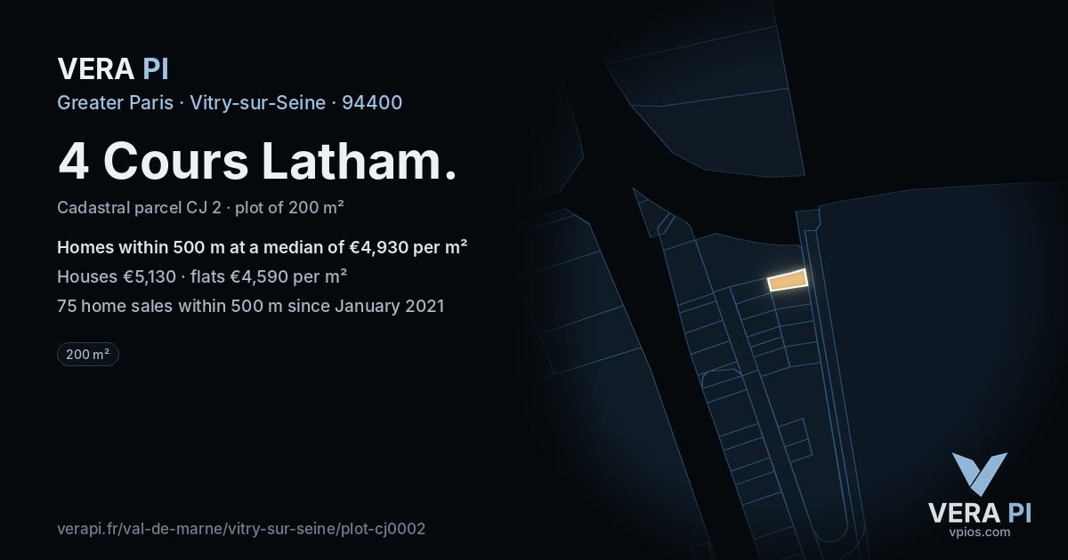 4 Cours Latham, Vitry-sur-Seine at night – the plot lit, the parcels around coloured by the prices near them
