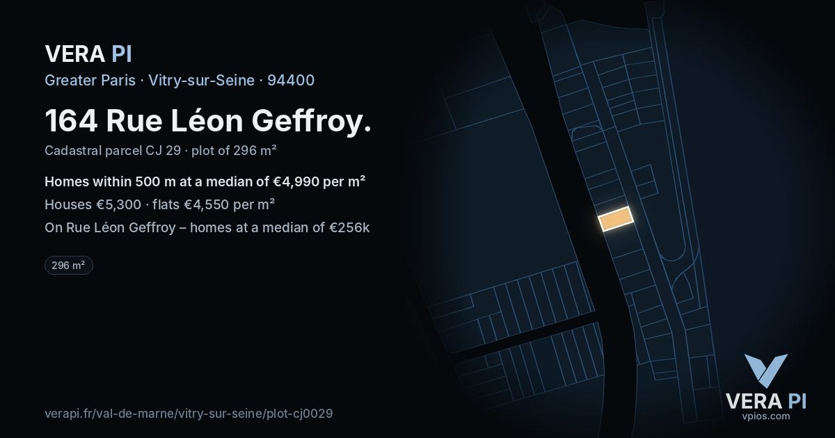 164 Rue Léon Geffroy, Vitry-sur-Seine at night – the plot lit, the parcels around coloured by the prices near them