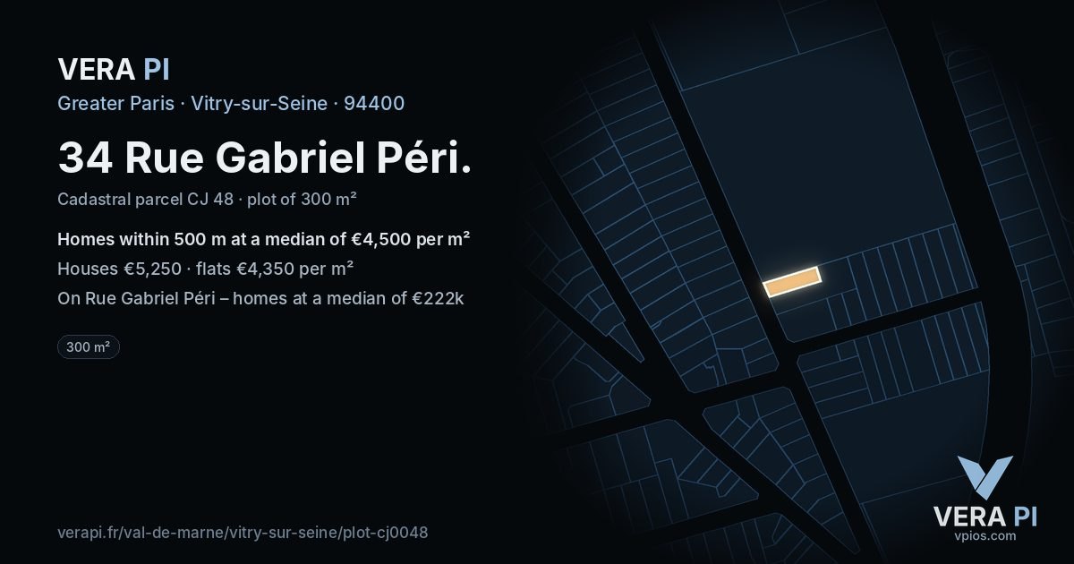 34 Rue Gabriel Péri, Vitry-sur-Seine at night – the plot lit, the parcels around coloured by the prices near them