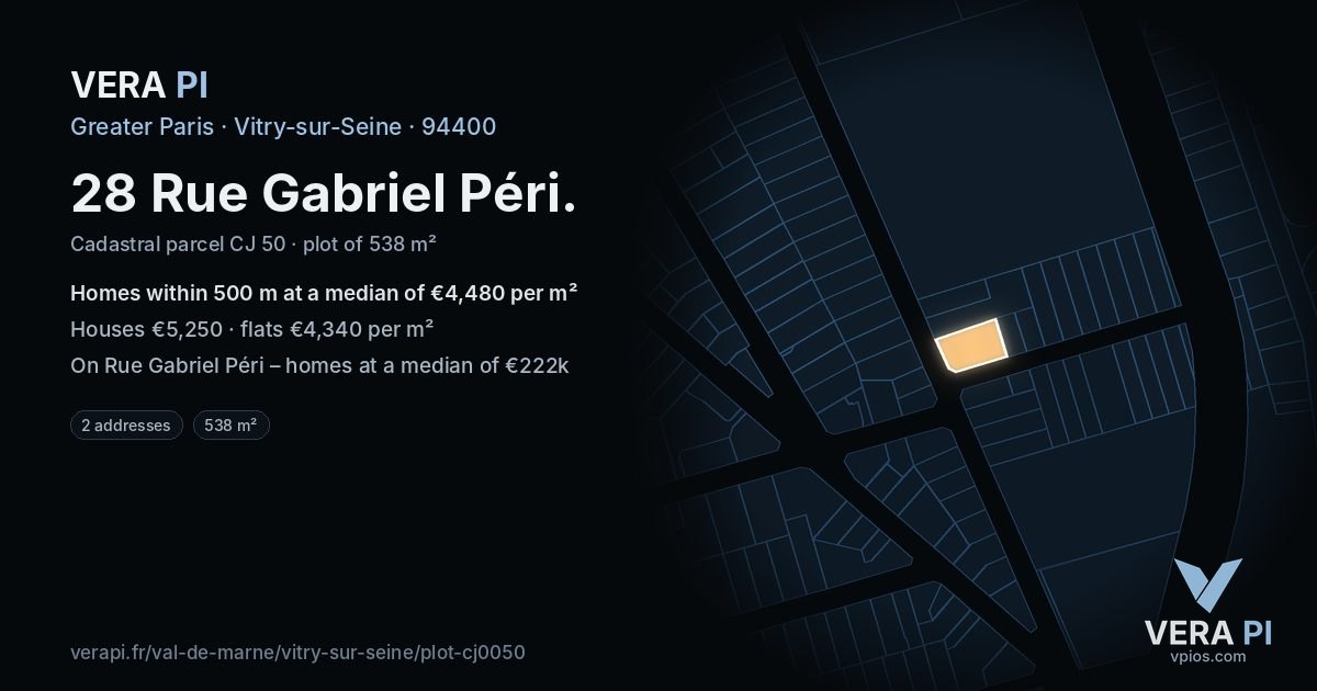 28 Rue Gabriel Péri, Vitry-sur-Seine at night – the plot lit, the parcels around coloured by the prices near them