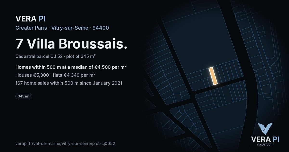 7 Villa Broussais, Vitry-sur-Seine at night – the plot lit, the parcels around coloured by the prices near them
