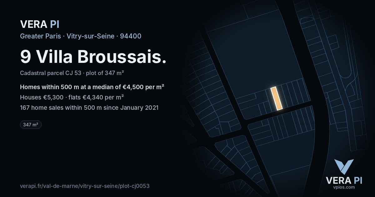 9 Villa Broussais, Vitry-sur-Seine at night – the plot lit, the parcels around coloured by the prices near them