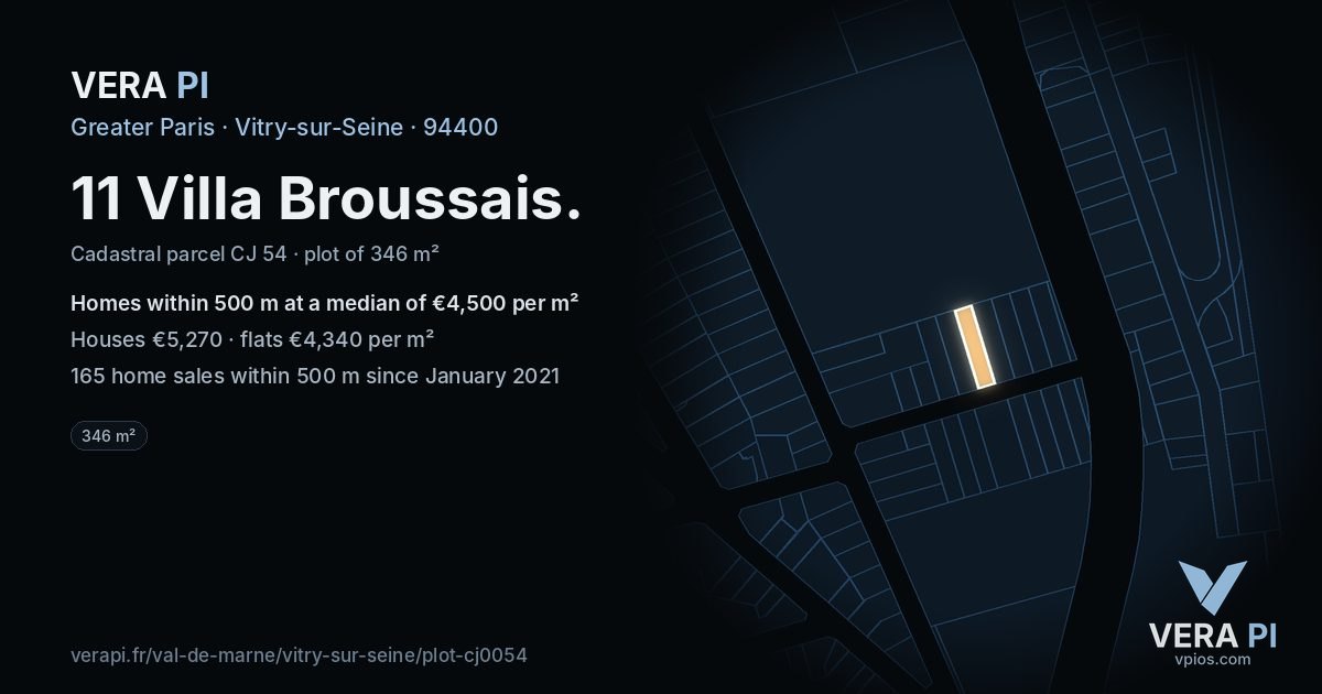 11 Villa Broussais, Vitry-sur-Seine at night – the plot lit, the parcels around coloured by the prices near them