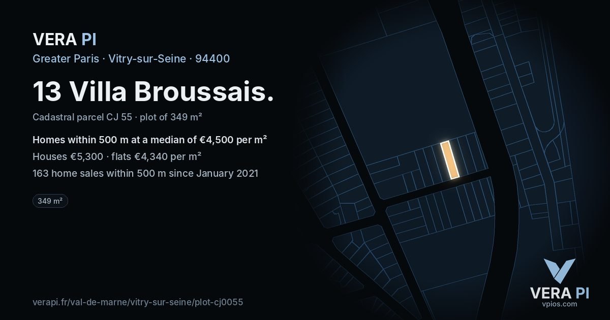 13 Villa Broussais, Vitry-sur-Seine at night – the plot lit, the parcels around coloured by the prices near them