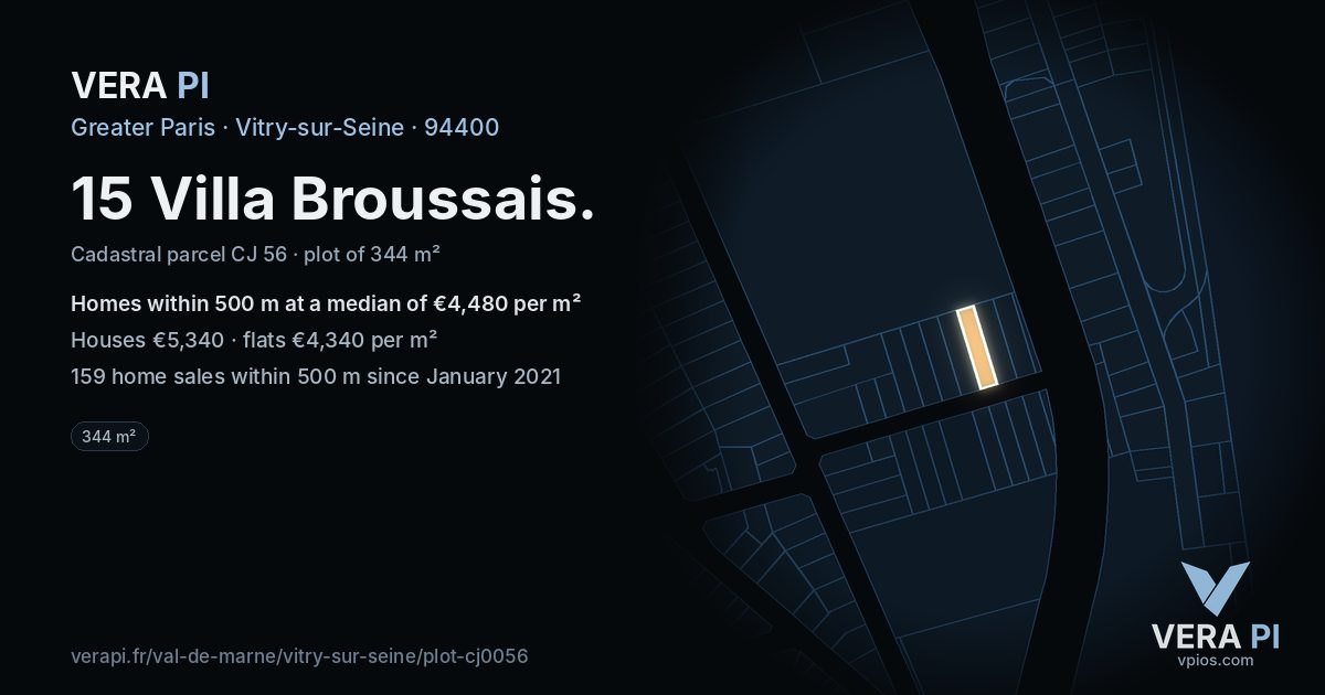 15 Villa Broussais, Vitry-sur-Seine at night – the plot lit, the parcels around coloured by the prices near them