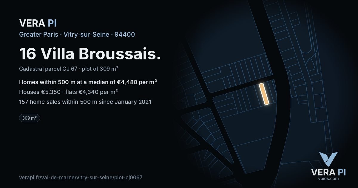 16 Villa Broussais, Vitry-sur-Seine at night – the plot lit, the parcels around coloured by the prices near them