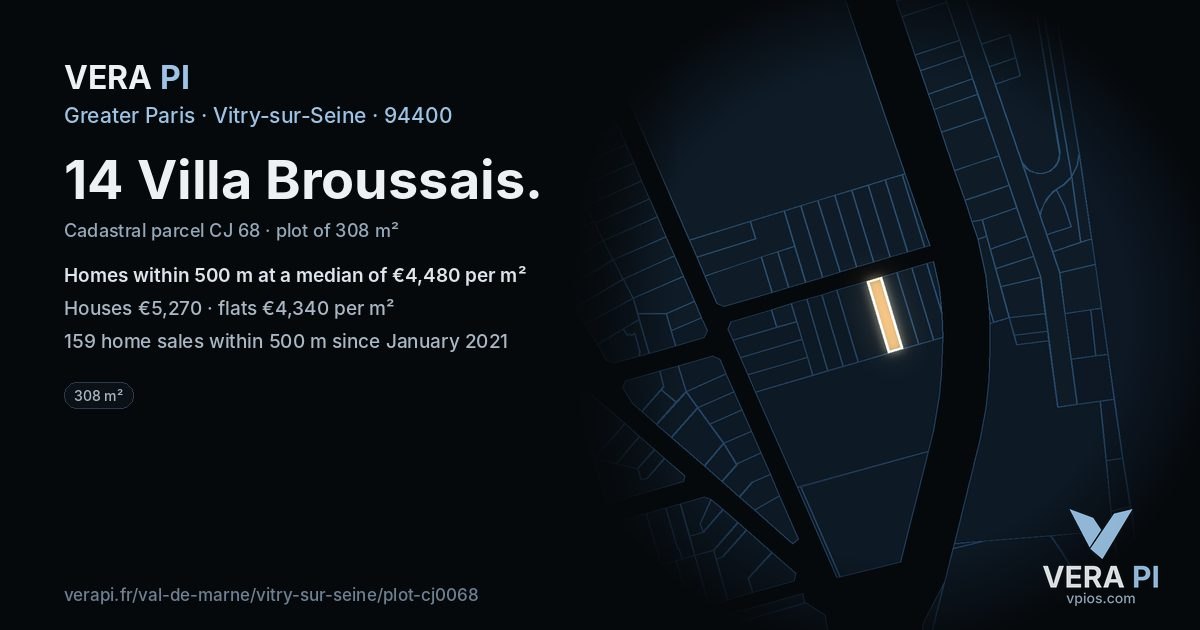 14 Villa Broussais, Vitry-sur-Seine at night – the plot lit, the parcels around coloured by the prices near them