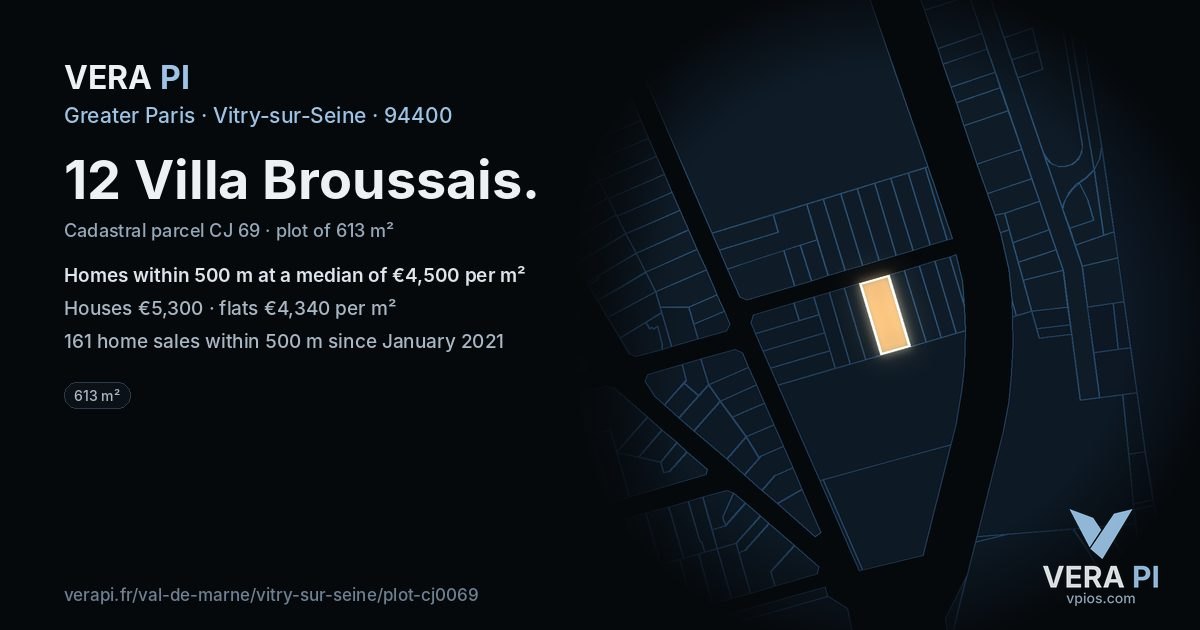 12 Villa Broussais, Vitry-sur-Seine at night – the plot lit, the parcels around coloured by the prices near them