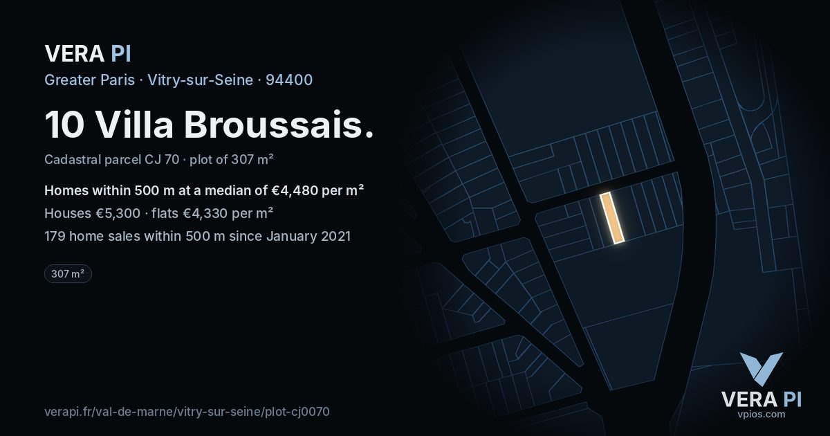 10 Villa Broussais, Vitry-sur-Seine at night – the plot lit, the parcels around coloured by the prices near them