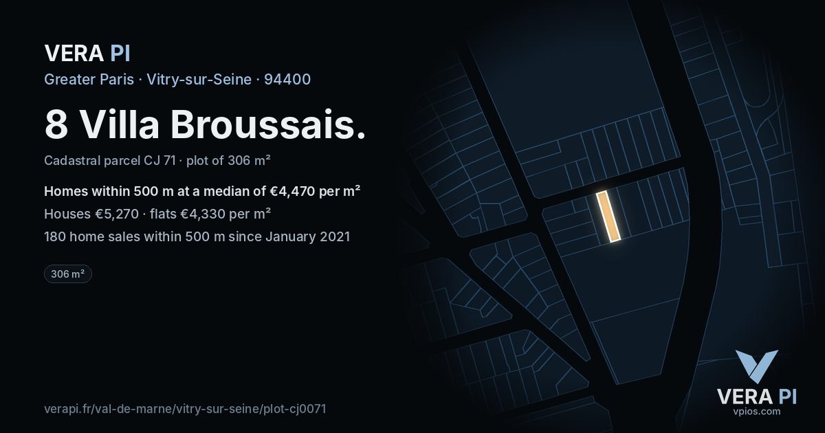 8 Villa Broussais, Vitry-sur-Seine at night – the plot lit, the parcels around coloured by the prices near them