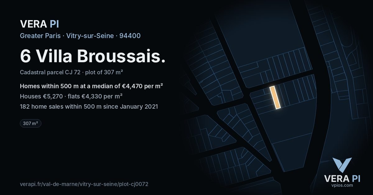 6 Villa Broussais, Vitry-sur-Seine at night – the plot lit, the parcels around coloured by the prices near them