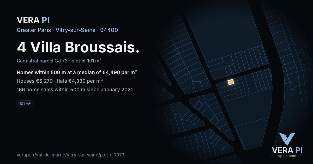 4 Villa Broussais, Vitry-sur-Seine at night – the plot lit, the parcels around coloured by the prices near them