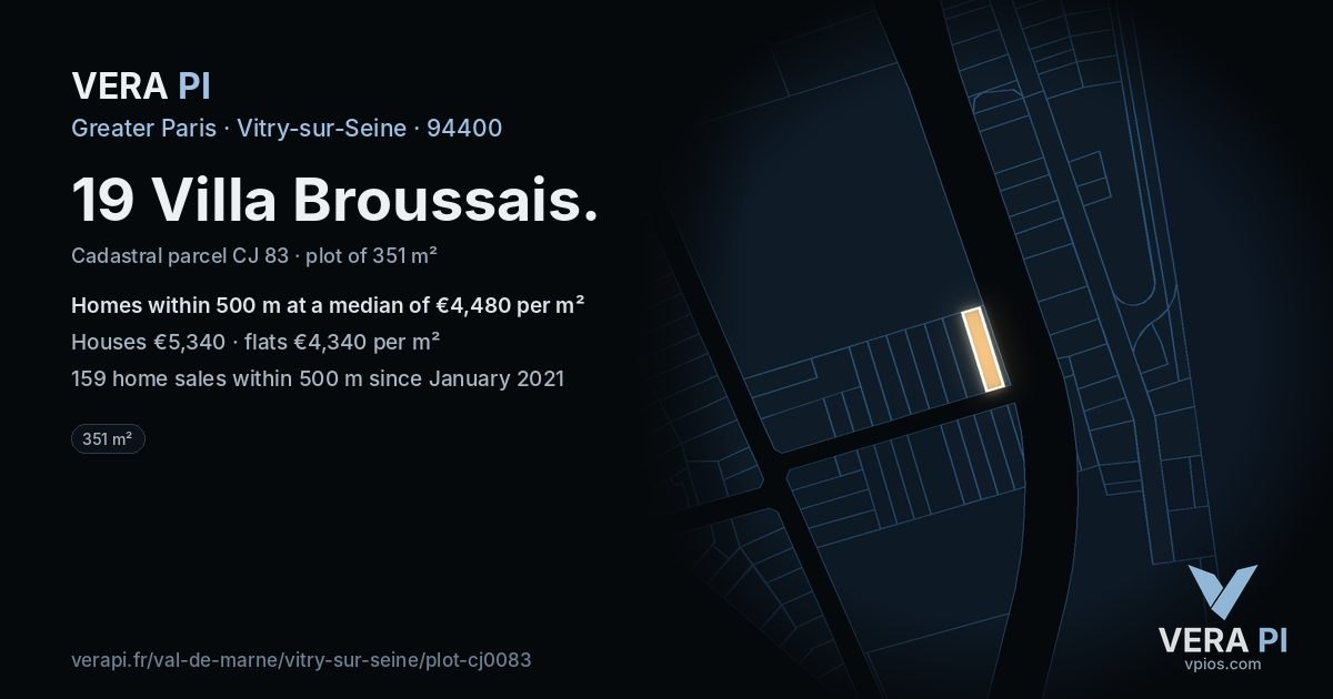 19 Villa Broussais, Vitry-sur-Seine at night – the plot lit, the parcels around coloured by the prices near them