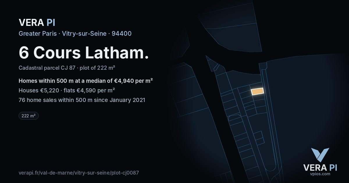 6 Cours Latham, Vitry-sur-Seine at night – the plot lit, the parcels around coloured by the prices near them