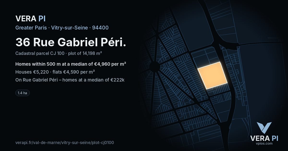 36 Rue Gabriel Péri, Vitry-sur-Seine at night – the plot lit, the parcels around coloured by the prices near them
