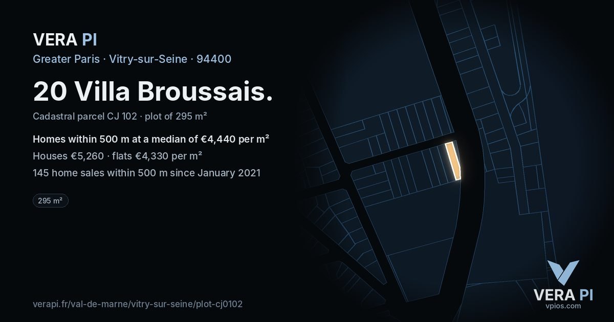 20 Villa Broussais, Vitry-sur-Seine at night – the plot lit, the parcels around coloured by the prices near them
