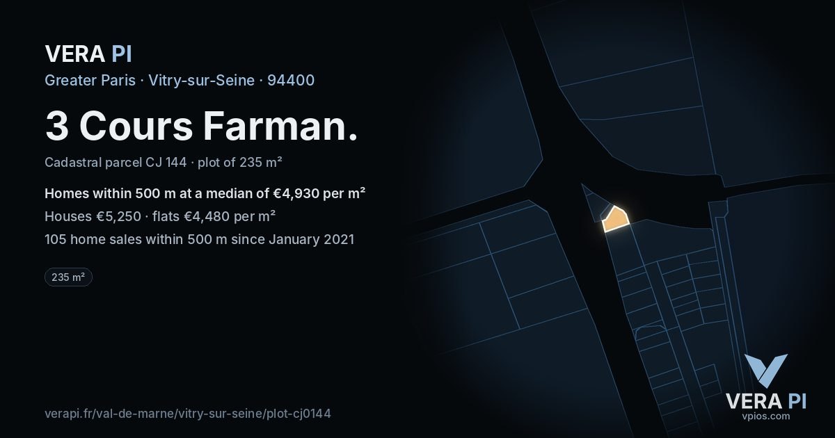 3 Cours Farman, Vitry-sur-Seine at night – the plot lit, the parcels around coloured by the prices near them