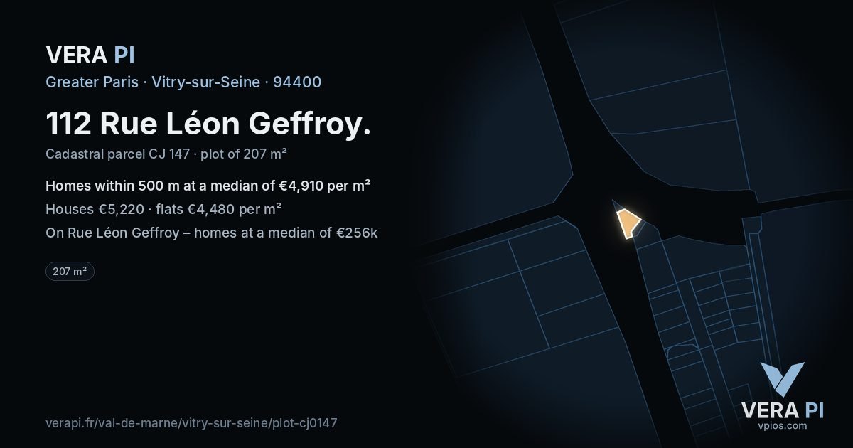 112 Rue Léon Geffroy, Vitry-sur-Seine at night – the plot lit, the parcels around coloured by the prices near them