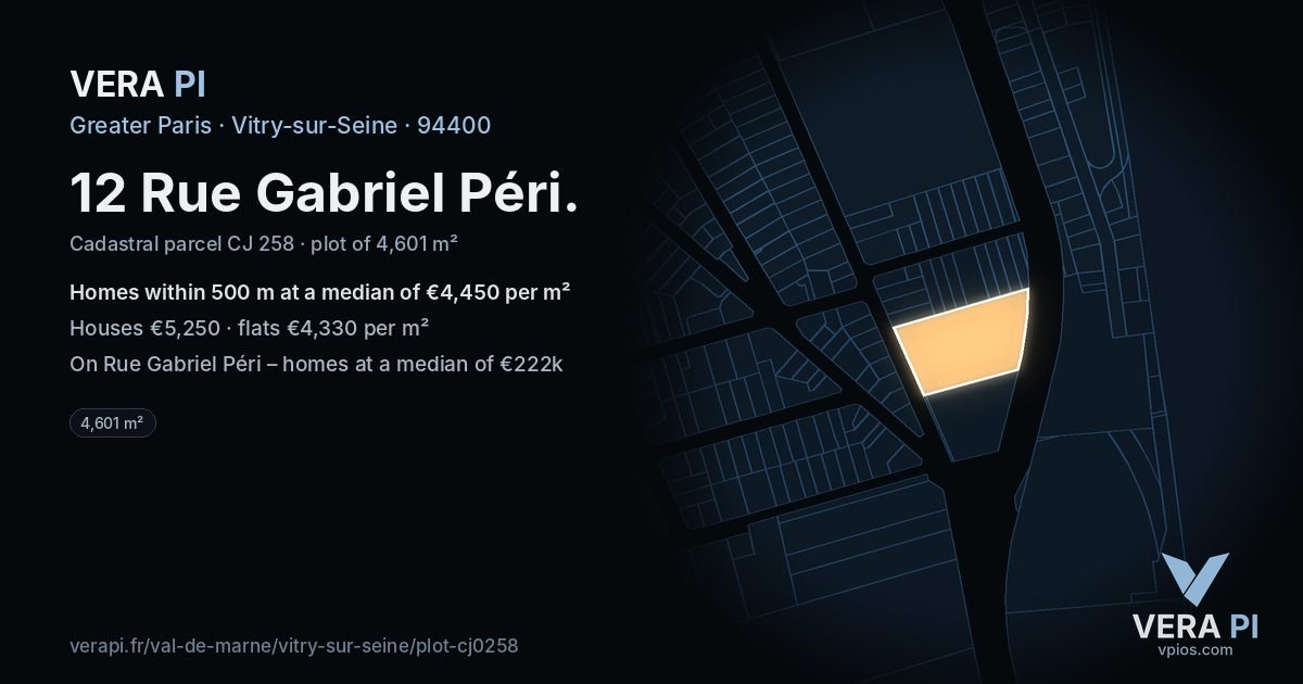 12 Rue Gabriel Péri, Vitry-sur-Seine at night – the plot lit, the parcels around coloured by the prices near them