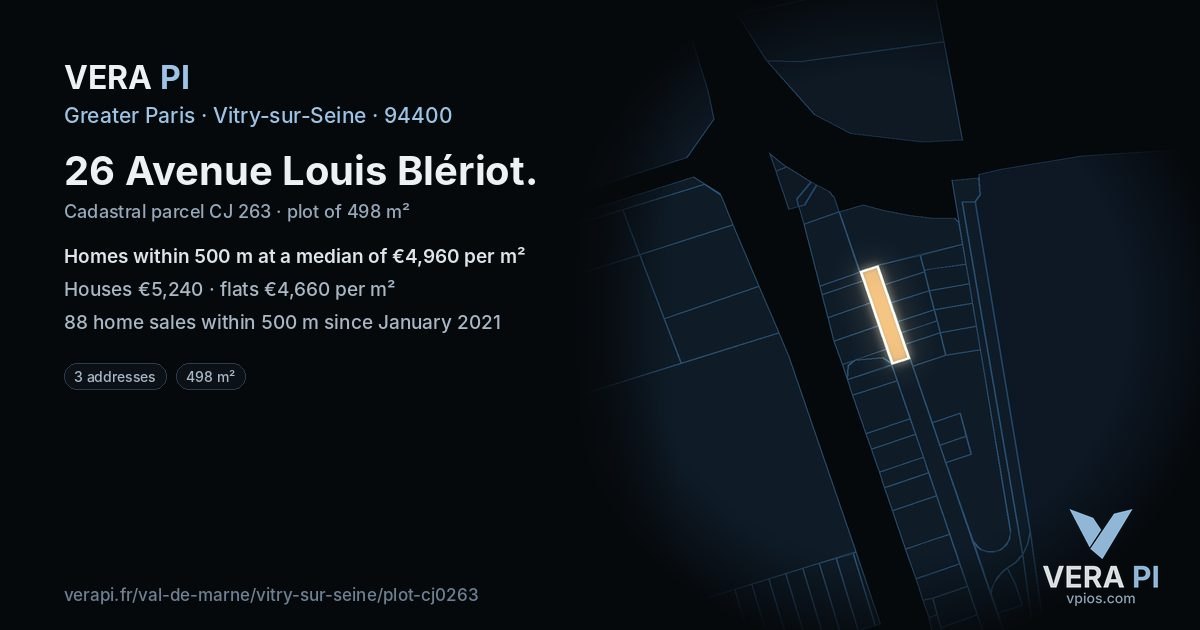 26 Avenue Louis Blériot, Vitry-sur-Seine at night – the plot lit, the parcels around coloured by the prices near them