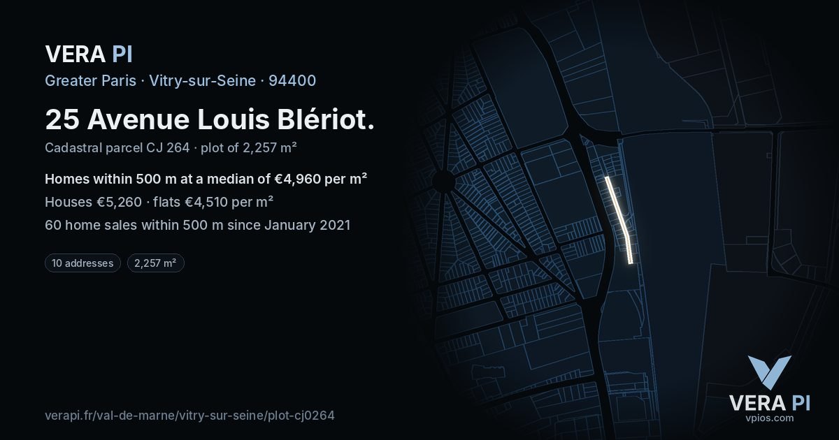 25 Avenue Louis Blériot, Vitry-sur-Seine at night – the plot lit, the parcels around coloured by the prices near them