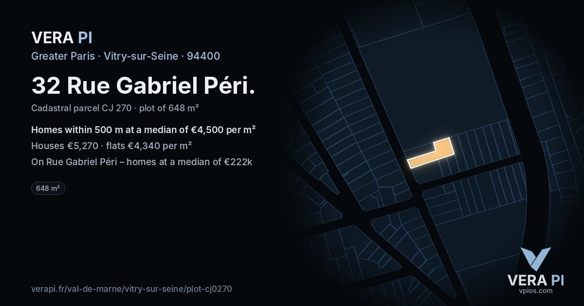 32 Rue Gabriel Péri, Vitry-sur-Seine at night – the plot lit, the parcels around coloured by the prices near them