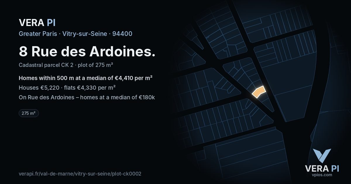 8 Rue des Ardoines, Vitry-sur-Seine at night – the plot lit, the parcels around coloured by the prices near them