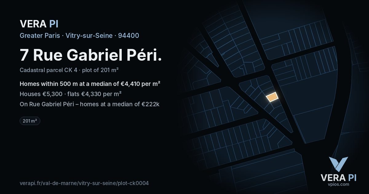 7 Rue Gabriel Péri, Vitry-sur-Seine at night – the plot lit, the parcels around coloured by the prices near them