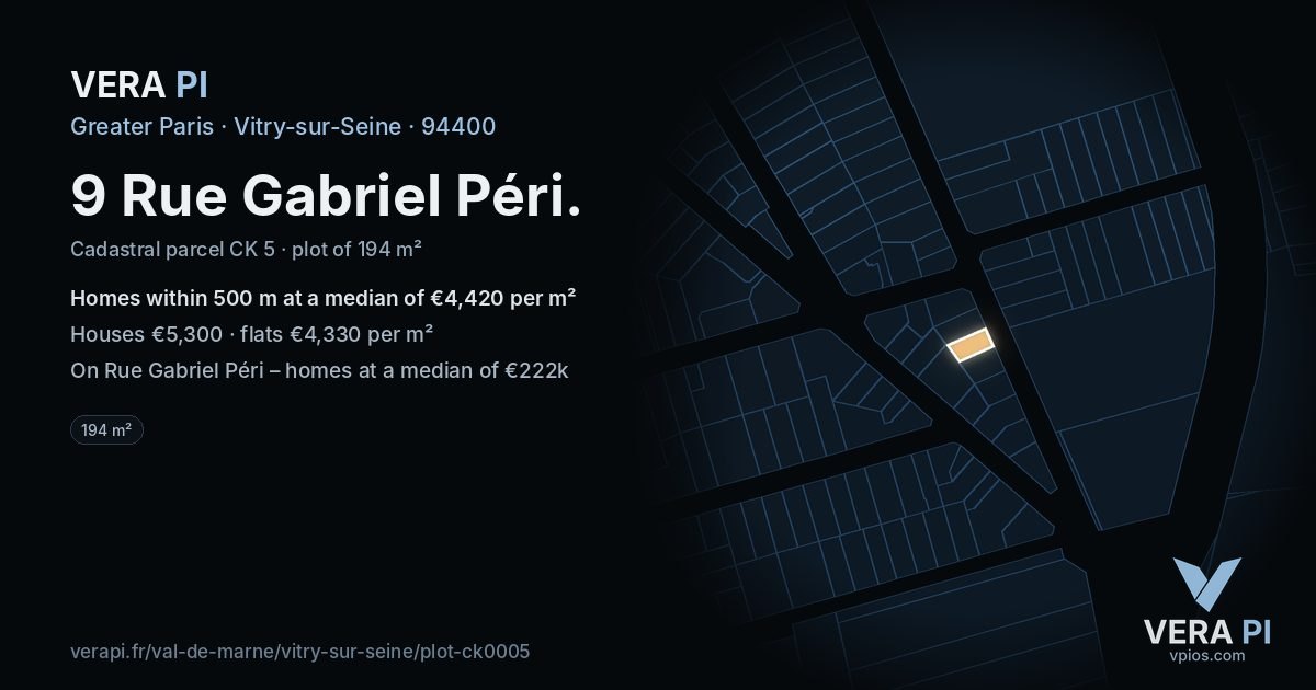 9 Rue Gabriel Péri, Vitry-sur-Seine at night – the plot lit, the parcels around coloured by the prices near them