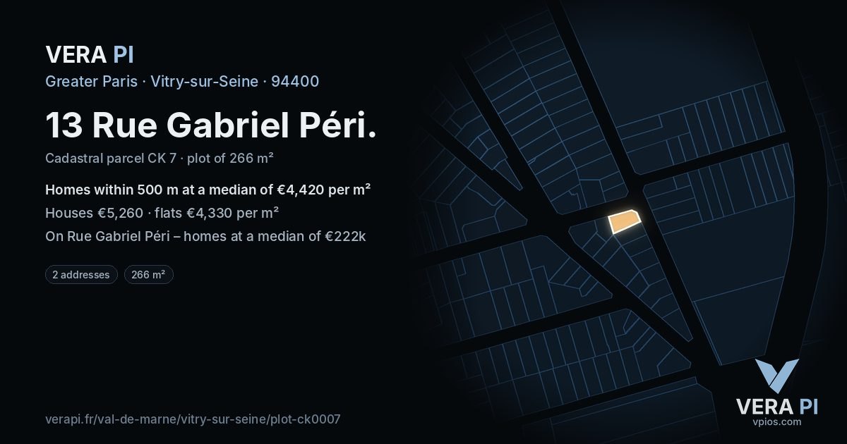 13 Rue Gabriel Péri, Vitry-sur-Seine at night – the plot lit, the parcels around coloured by the prices near them