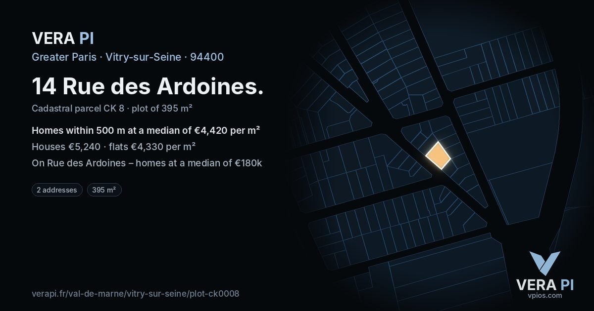14 Rue des Ardoines, Vitry-sur-Seine at night – the plot lit, the parcels around coloured by the prices near them