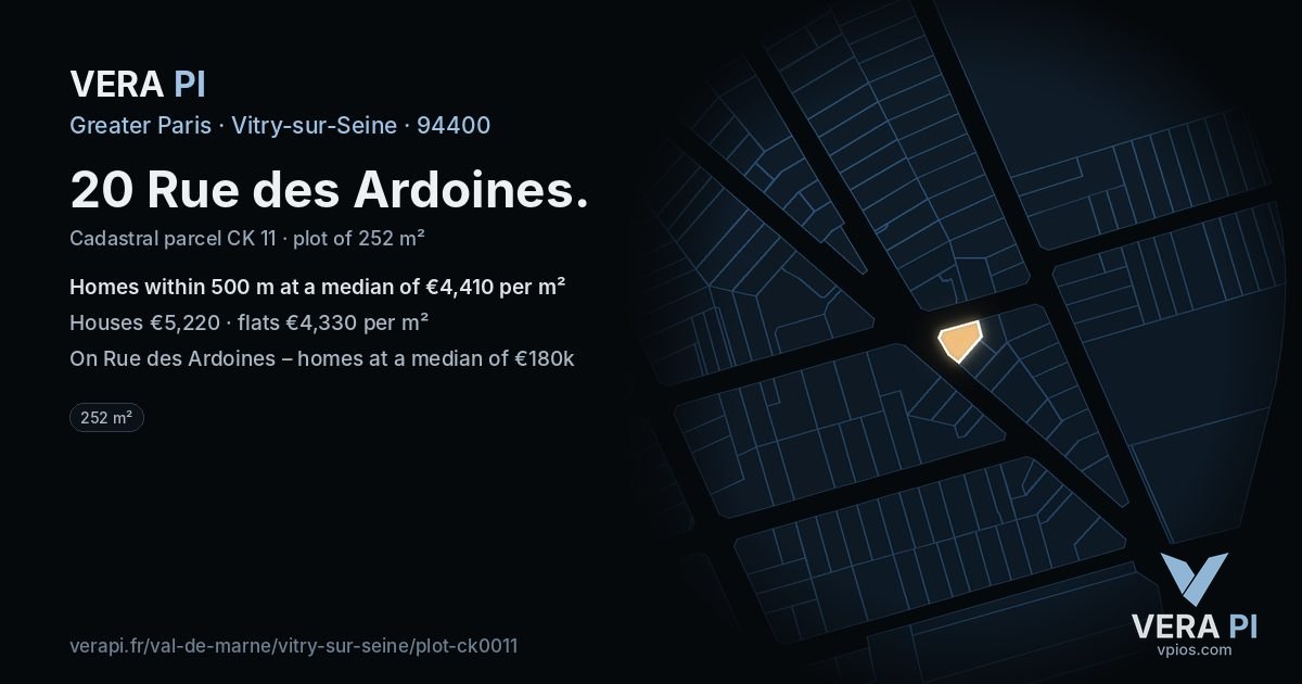 20 Rue des Ardoines, Vitry-sur-Seine at night – the plot lit, the parcels around coloured by the prices near them