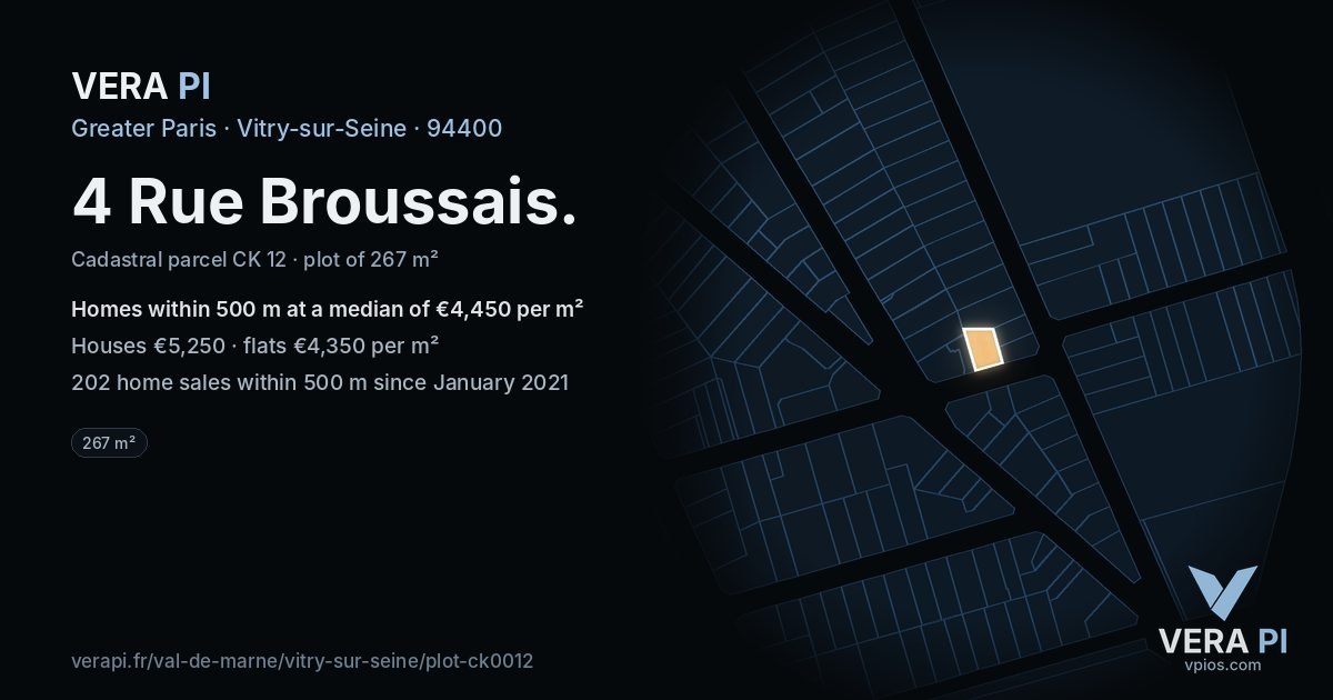 4 Rue Broussais, Vitry-sur-Seine at night – the plot lit, the parcels around coloured by the prices near them