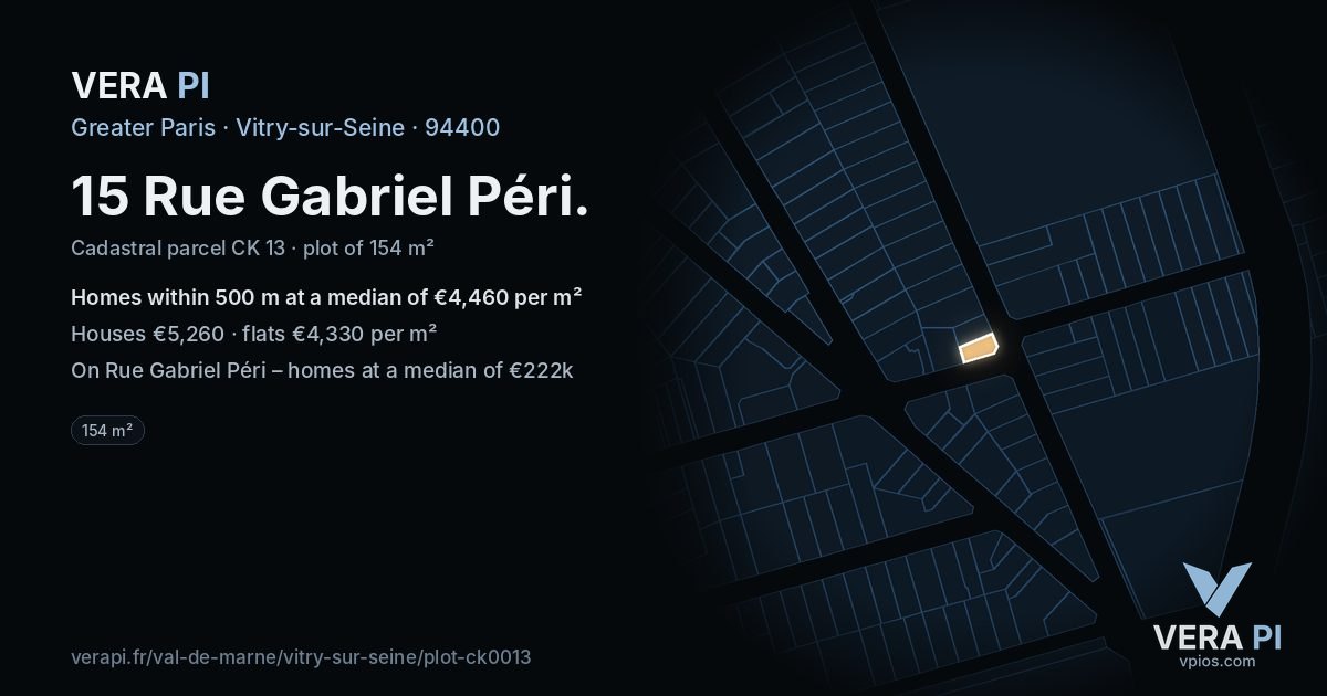 15 Rue Gabriel Péri, Vitry-sur-Seine at night – the plot lit, the parcels around coloured by the prices near them