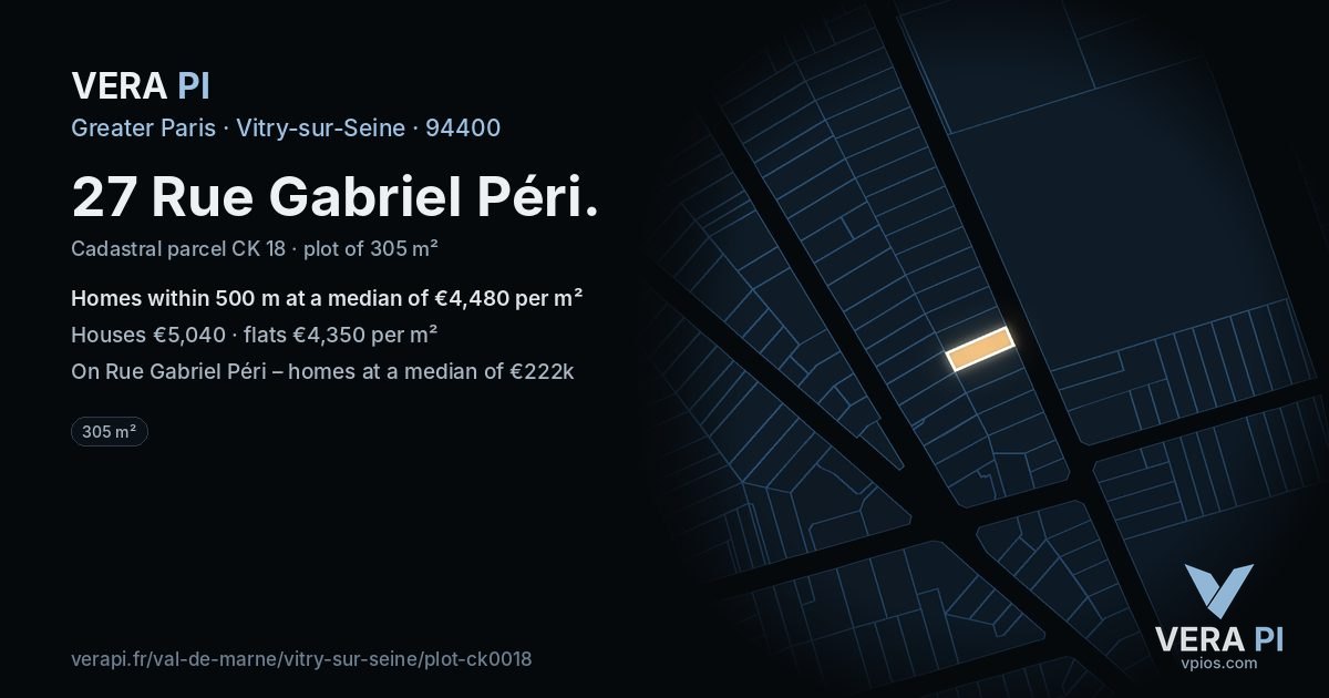 27 Rue Gabriel Péri, Vitry-sur-Seine at night – the plot lit, the parcels around coloured by the prices near them