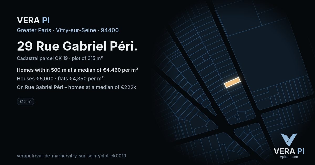 29 Rue Gabriel Péri, Vitry-sur-Seine at night – the plot lit, the parcels around coloured by the prices near them