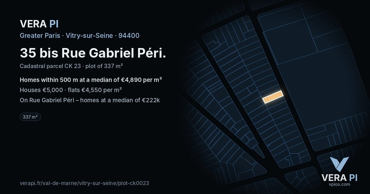 35 bis Rue Gabriel Péri, Vitry-sur-Seine at night – the plot lit, the parcels around coloured by the prices near them