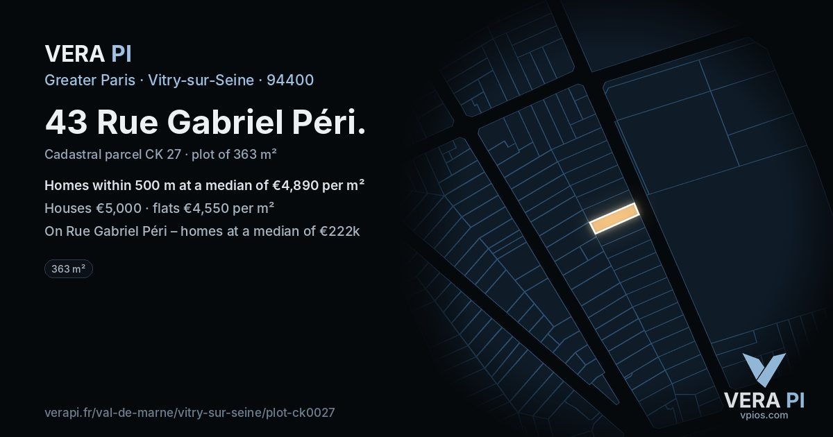 43 Rue Gabriel Péri, Vitry-sur-Seine at night – the plot lit, the parcels around coloured by the prices near them